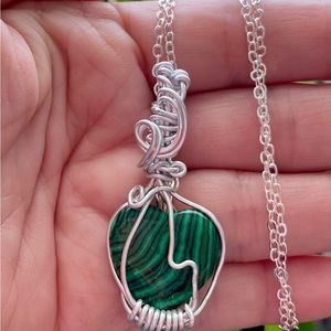 Green malachite gemstone heart wire wrapped pendant necklace